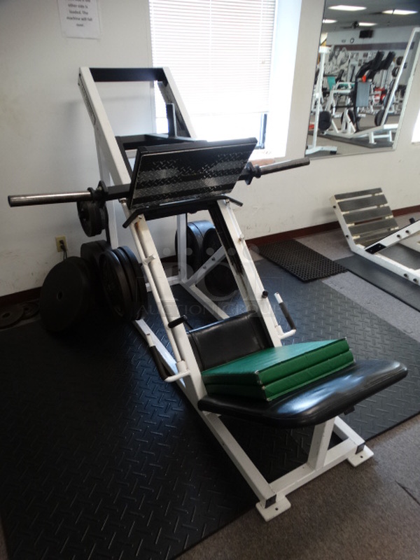 White Metal Leg Press Station. Does Not Come w/ Plate Weights Shown In Pictures. 66x90x60