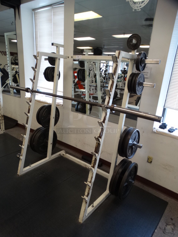 White Metal Olympic Bar and Plate Weight Stand. Does Not Come w/ Bar or Weight Plates Shown In Picture. 67x36x72