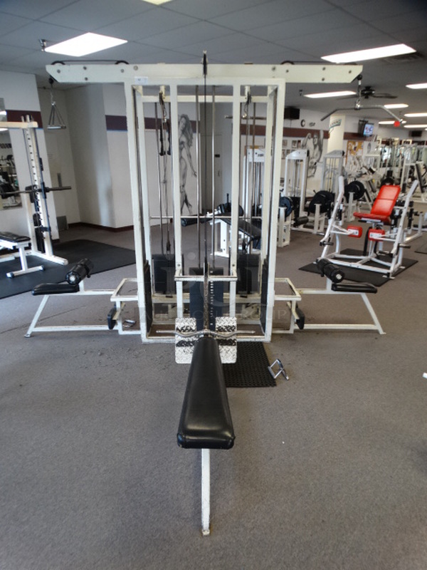 Body Masters White Metal 4 Part Machine w/ Seated Row, 2 Lateral Pull Down Stations and Standing Cable Cross Station. Does Not Come w/ Attachments Shown In Pictures. 140x104x95