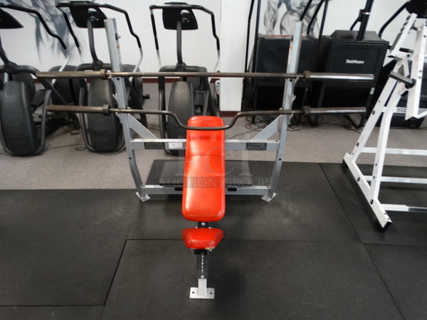 Hammer Strength Gray Metal Incline Bench Press. Does Not Come w/ Two Olympic Bars Shown In Pictures. 54x52x59