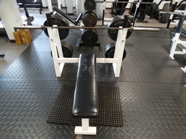 Reflex White Metal Bench Press. Does Not Come w/ Olympic Bar and Plate Weights Shown In Pictures. 48x72x46