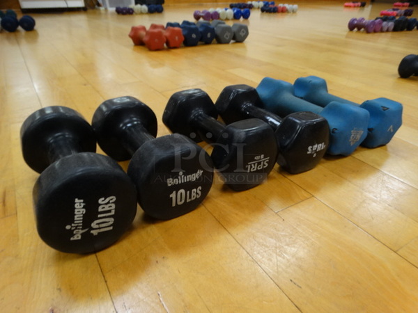 ALL ONE MONEY! Lot of 6 Dumbbells; 2 Blue 7 Pound, 2 Black 8 Pound and 2 Black 10 Pound!