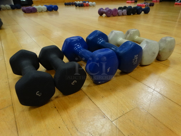 ALL ONE MONEY! Lot of 6 Dumbbells; 2 Black 3 Pound, 2 Blue 5 Pound and 2 White 4 Pound!
