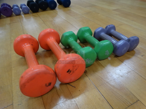 ALL ONE MONEY! Lot of 6 Dumbbells; 2 Orange 5 Pound, 2 Green 3 Pound and 2 Purple 2 Pound!
