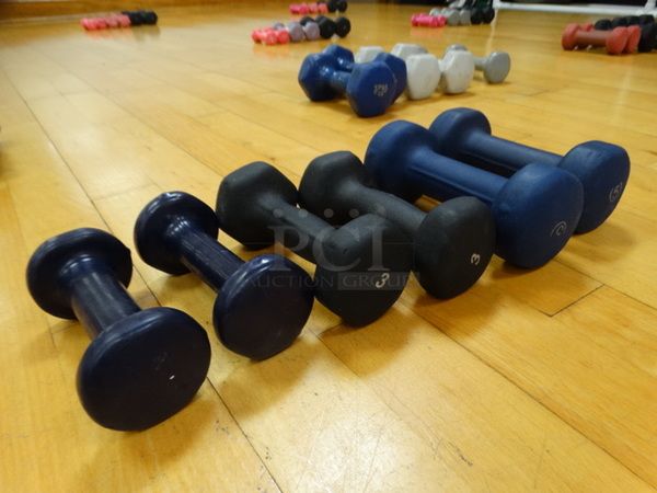 ALL ONE MONEY! Lot of 6 Dumbbells; 2 Dark Blue/Purple, 2 Black 3 Pound and 2 Blue 5 Pound!