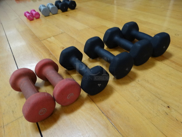 ALL ONE MONEY! Lot of 6 Dumbbells; 2 Pink 3 Pound, 2 Black 4 Pound and 2 Black 5 Pound! 