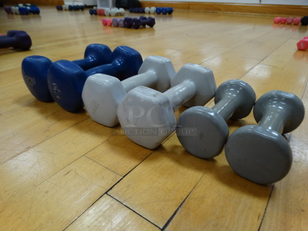 ALL ONE MONEY! Lot of 6 Dumbbells; 2 Blue 5 Pound, 2 Gray 4 Pound and 2 Gray!