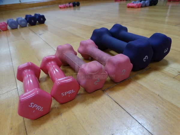 ALL ONE MONEY! Lot of 6 Dumbbells; 2 Pink 1 Pound, 2 Pink 2 Pound, 2 Blue 3 Pound!