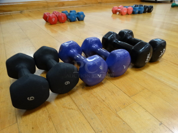 ALL ONE MONEY! Lot of 6 Dumbbells; 2 Black 6 Pound, 2 Purple 7 Pound and 2 Black 8 Pound!
