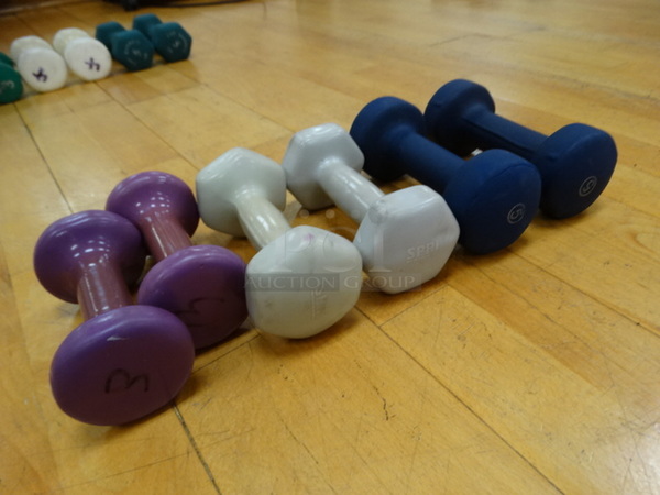 ALL ONE MONEY! Lot of 6 Dumbbells; 2 Purple 3 Pound, 2 Gray 4 Pound and 2 Blue 5 Pound!