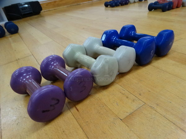 ALL ONE MONEY! Lot of 6 Dumbbells; 2 Purple 3 Pound, 2 Gray 4 Pound and 2 Blue 5 Pound!