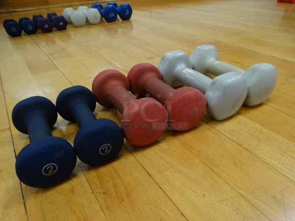 ALL ONE MONEY! Lot of 6 Dumbbells; 2 Blue 2 Pound, 2 Pink 3 Pound and 2 Gray 4 Pound!