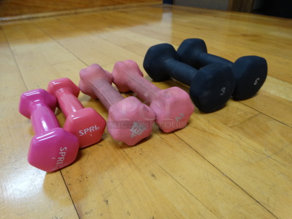 ALL ONE MONEY! Lot of 6 Dumbbells; 2 Pink 1 Pound, 2 Pink 2 Pound and 2 Blue 3 Pound!