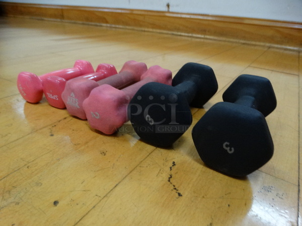 ALL ONE MONEY! Lot of 6 Dumbbells; 2 Pink 1 Pound, 2 Pink 2 Pound and 2 Blue 3 Pound!