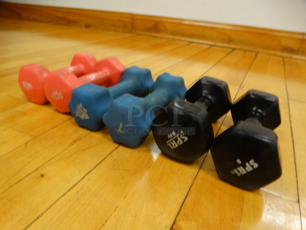 ALL ONE MONEY! Lot of 6 Dumbbells; 2 Pink 6 Pound, 2 Blue 7 Pound and 2 Black 8 Pound!