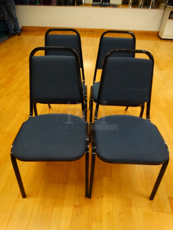 4 Black Metal Stackable Banquet Chairs w/ Blue Seat Cushions. 4 Times Your Bid!