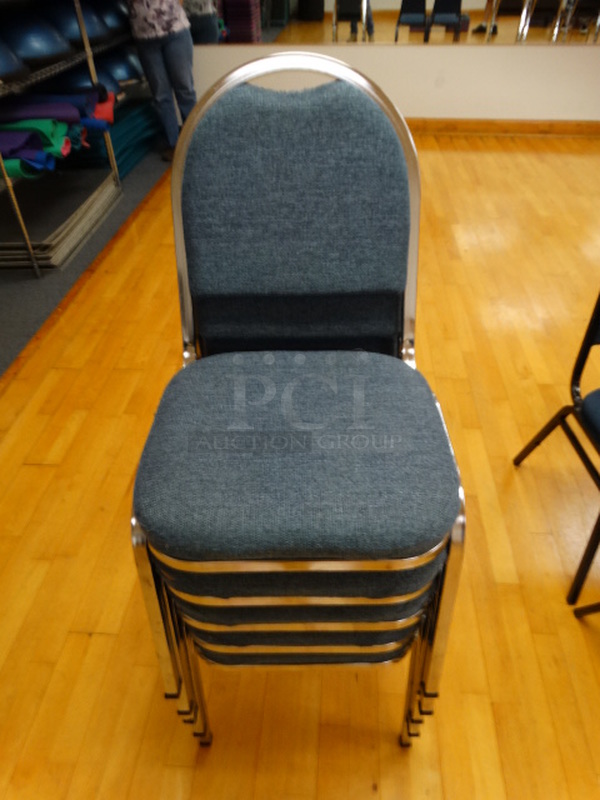 5 Chrome Finish Metal Stackable Banquet Chairs w/ Blue Seat Cushions. 5 Times Your Bid!