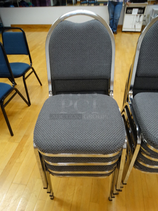 4 Chrome Finish Metal Stackable Banquet Chairs w/ Patterned Gray Seat Cushions. 4 Times Your Bid!