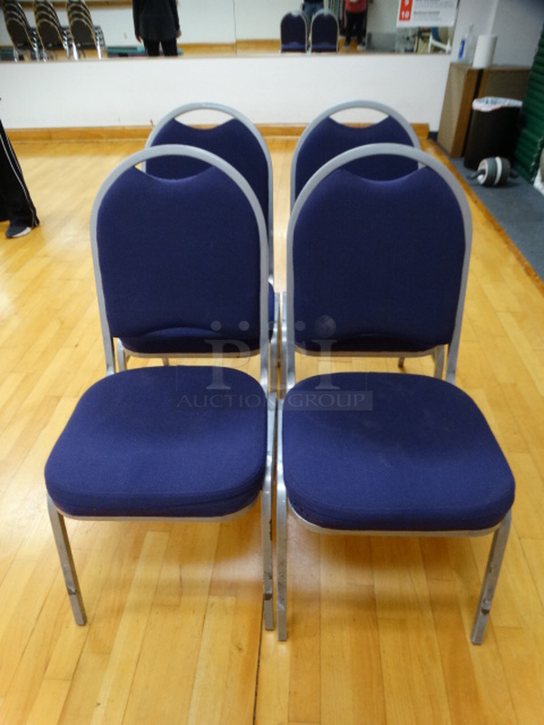 4 Chrome Finish Metal Stackable Banquet Chairs w/ Purple Seat Cushions. 4 Times Your Bid!