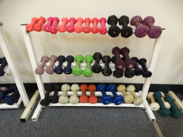 White Metal 3 Tier Dumbbell Rack. Does Not Include Contents. 36x12x25