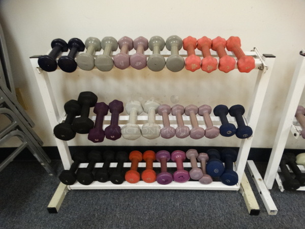 White Metal 3 Tier Dumbbell Rack. Does Not Include Contents. 36x12x25