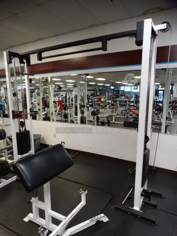 White Metal Cable Crossover Station w/ Pull Up Bar and 2 Cable Pulls. Does Not Come w/ Attachments. 122x28x92