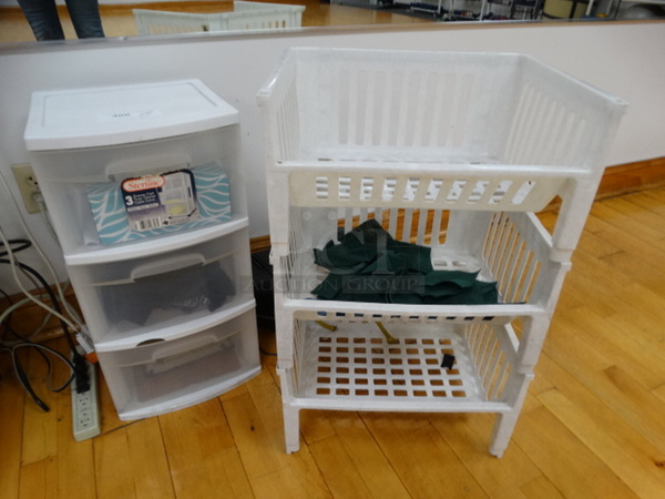 2 White Poly Units; 3 Tier Rack and 3 Drawer Unit. Includes 12x14x24. 2 Times Your Bid!