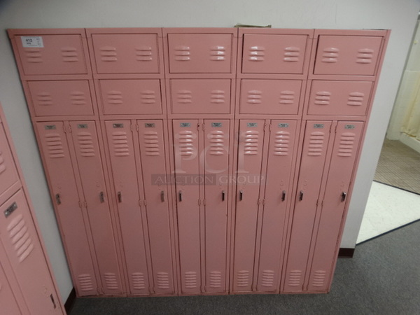ALL ONE MONEY! Lot of 5 Pink Metal Locker Units; 2 Cubbies Per Unit. Buyer Must Remove. 75x15x72