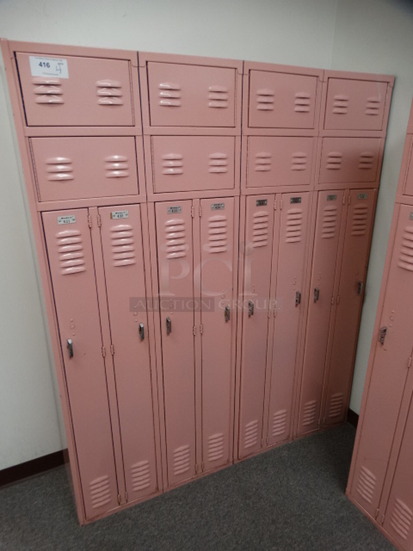 ALL ONE MONEY! Lot of 4 Pink Metal Locker Units; 2 Cubbies Per Unit. Buyer Must Remove. 60x15x72