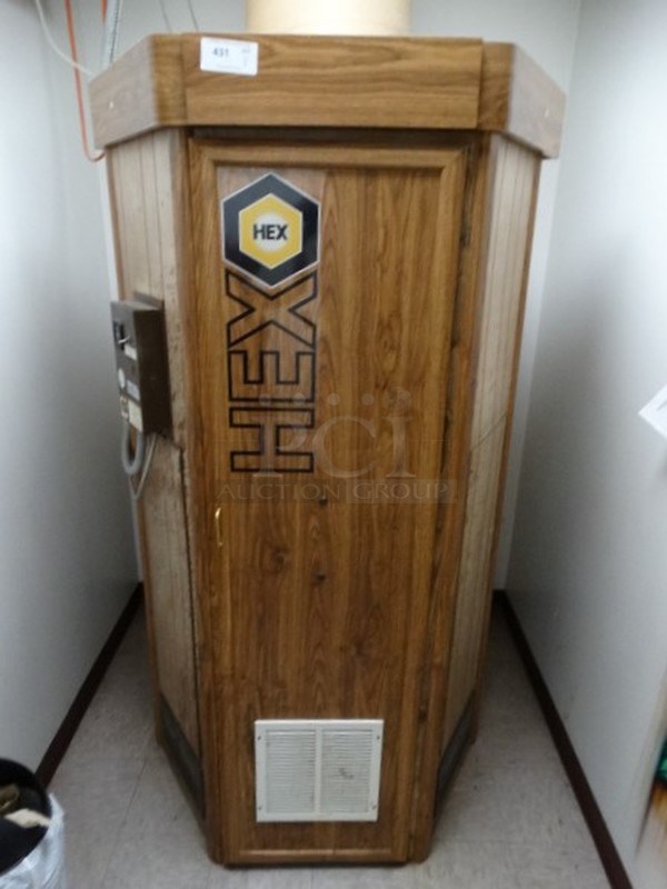 AMAZING! Hex 2 Standing Vertical 4'x4' Tanning Booth w/ Wood Pattern Exterior. 8,136 Hours. Comes w/ 10 Extra Lights! Buyer Must Remove. 55x55x84. Tested and Working!