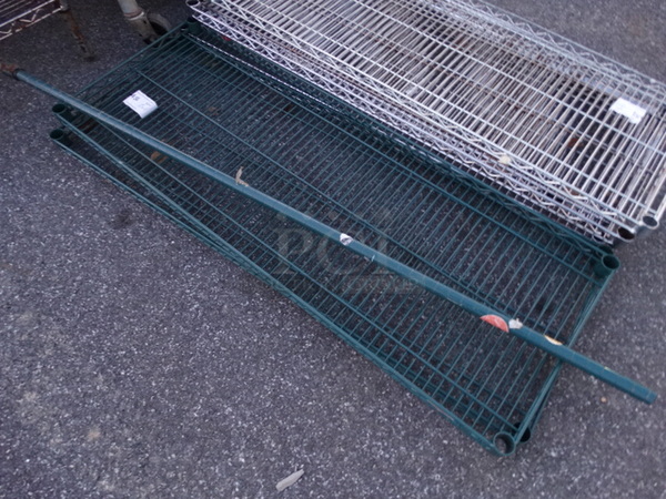 ALL ONE MONEY! Lot of 2 Green Finish Shelves w/ 1 Pole! 48x18x1.5, 62