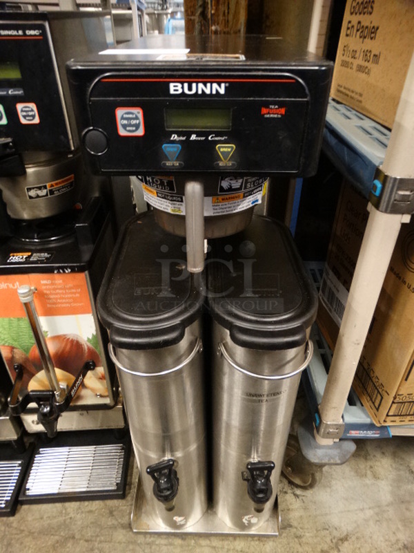 NICE! 2012 Bunn Model ITB Stainless Steel Commercial Countertop Iced Tea Machine w/ 2 Metal Beverage Holder Dispensers and Poly Brew Basket. 120 Volts, 1 Phase. 10x21x34.5