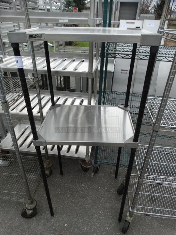 Chrome Finish 2 Tier Shelving Unit w/ Black Finish Poles. 24x18x55. BUYER MUST DISMANTLE. PCI CANNOT DISMANTLE FOR SHIPPING. PLEASE CONSIDER FREIGHT CHARGES.