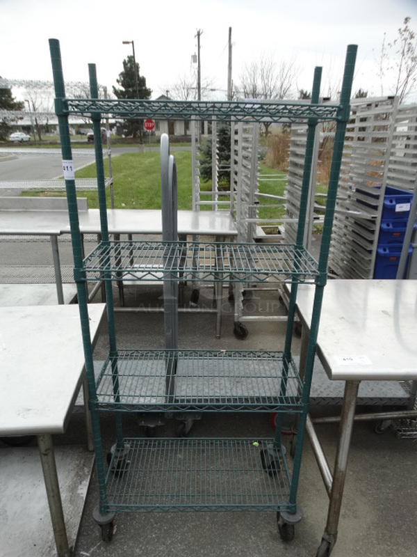 Green Finish 4 Tier Shelving Unit on Commercial Casters. 30x14x68. BUYER MUST DISMANTLE. PCI CANNOT DISMANTLE FOR SHIPPING. PLEASE CONSIDER FREIGHT CHARGES.