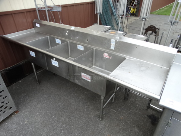 Stainless Steel Commercial 3 Bay sink w/ Dual Drainboards. 98x27x42. Bays 20x20x12. Drainboards 19x24x2