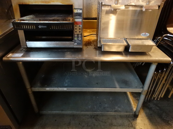 Stainless Steel Commercial Table w/ Backsplash and 2 Metal Undershelves. 48x30x35