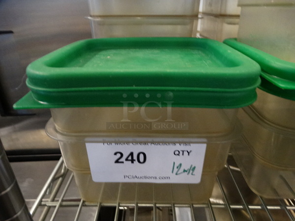 12 Clear Poly Containers w/ 12 Green Lids. 7x7x4. 12 Times Your Bid!