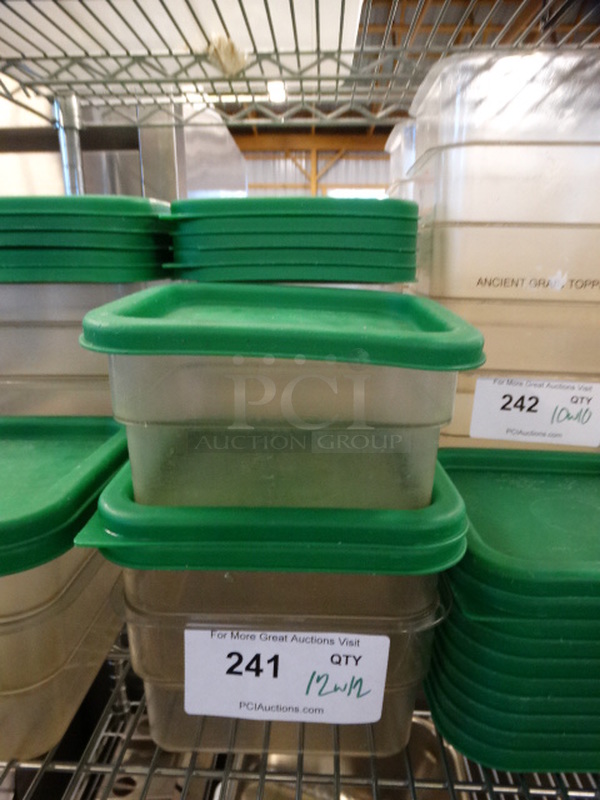 13 Clear Poly Containers w/ 13 Green Lids. 7x7x4. 13 Times Your Bid!