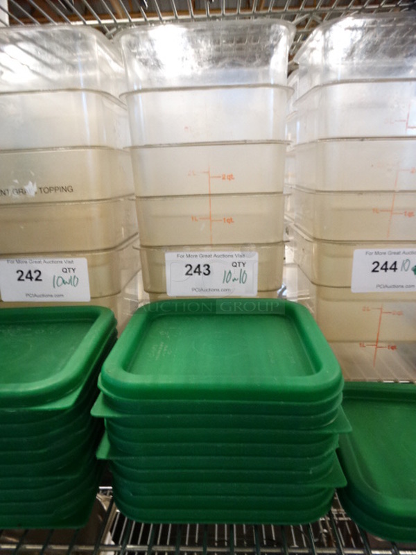 10 Clear Poly Containers w/ 10 Green Lids. 7x7x7. 10 Times Your Bid!