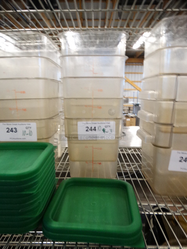 10 Clear Poly Containers w/ 2 Green Lids. 7x7x7. 10 Times Your Bid!
