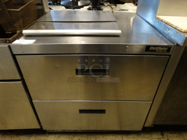 GREAT! Delfield Model UCD4432N-3M Stainless Steel Commercial Prep Table w/ 2 Drawers on Commercial Casters. 115 Volts, 1 Phase. 32x32x35. Tested and Working!