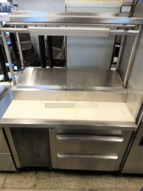 NICE! Stainless Steel Commercial Pizza Prep Table w/ 2 Drawers and Overshelf. 48x32x67. Tested and Powers On But Does Not Get Cold