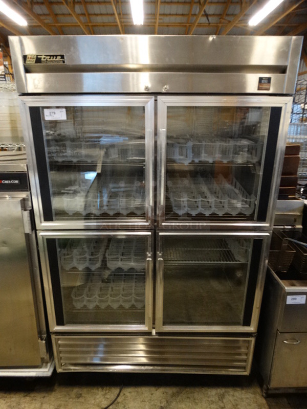 AWESOME! 2001 True Model TS-53-4-G-4PT Stainless Steel Commercial 4 Half Size Door Reach In Pass Through Cooler on Commercial Casters. 115 Volts, 1 Phase. 51x36x83. Tested and Working!