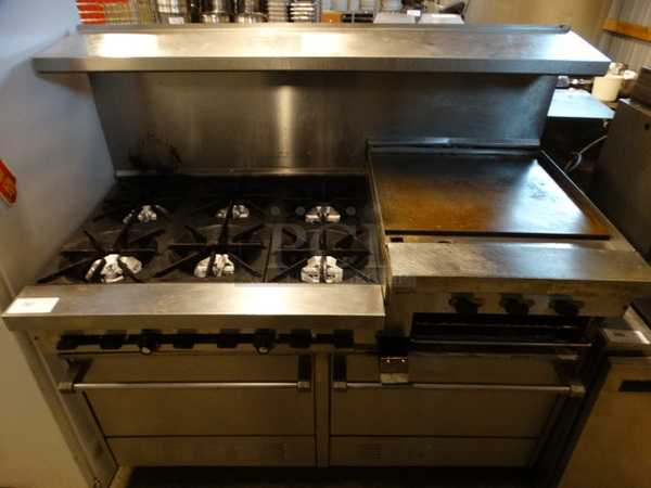 WOW! Stainless Steel Commercial Gas Powered 6 Burner Range w/ Right Side Flat Top Griddle, 2 Lower Ovens and Stainless Steel Overshelf on Commercial Casters. 60x33x60
