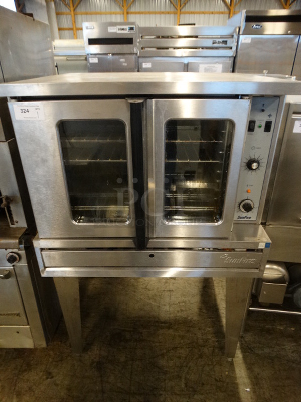 BEAUTIFUL! Garland SunFire Model SDG1 stainless Steel Commercial Natural Gas Powered Full Size Convection Oven w/ View Through Doors, Metal Oven Racks and Thermostatic Controls on Metal Legs. 8,000 BTU. 40x40x60.5