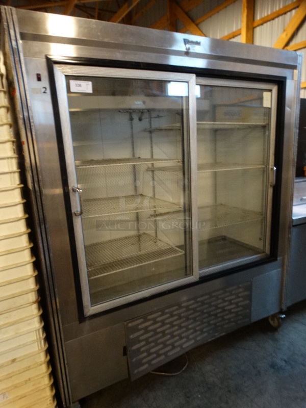GREAT! CustomCool Model LD72 Metal Commercial 2 Door Reach In Cooler Merchandiser on Commercial Casters. 115 Volts, 1 Phase. 72x30x84. Could Not Test - Unit Trips Breaker