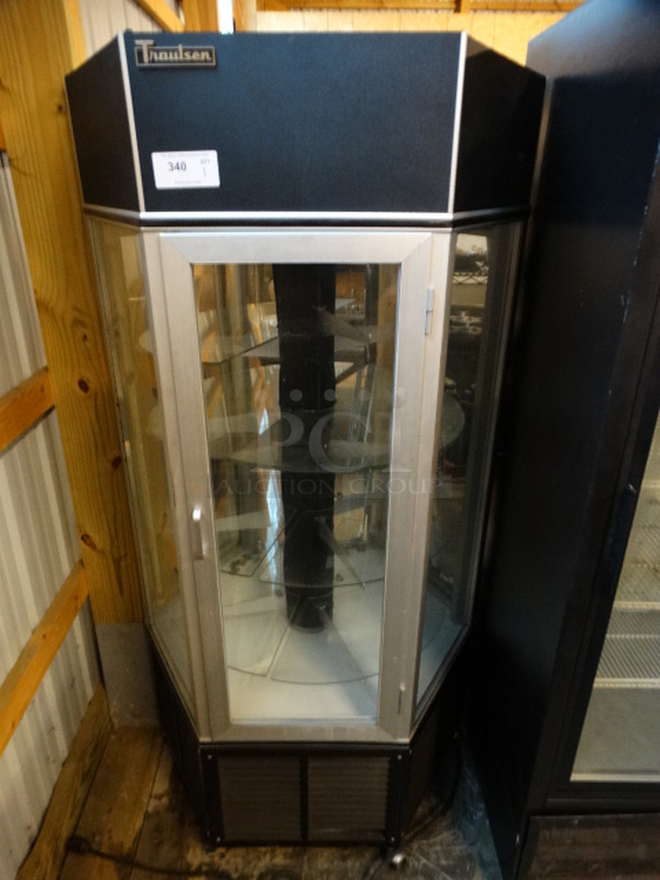 WOW! Traulsen Commercial Floor Style Hexagonal Display Case Merchandiser w/ Glass Shelves and 2 Doors on Casters. 34x34x75. Tested and Working!