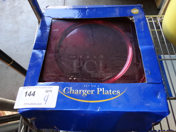 4 IN ORIGINAL BOX! Red Poly Charger Plates. 13x13. 4 Times Your Bid!