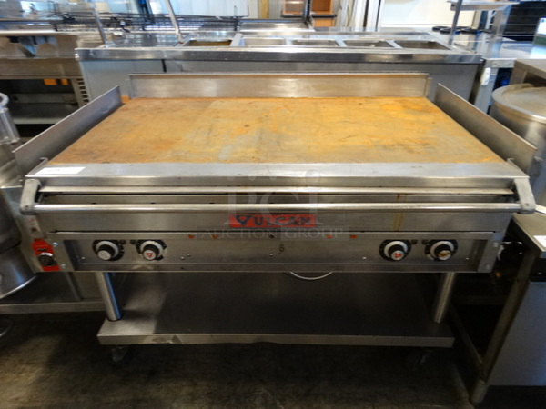 GREAT! Vulcan Stainless Steel Commercial Gas Powered Flat Top Griddle w/ Thermostatic Controls and Undershelf on Commercial Casters. 52x36x38