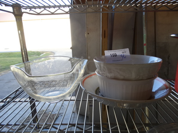 4 Various Dishes; Glass Bowl and Ceramic Bowls. Including 9x10x6. 4 Times Your Bid!